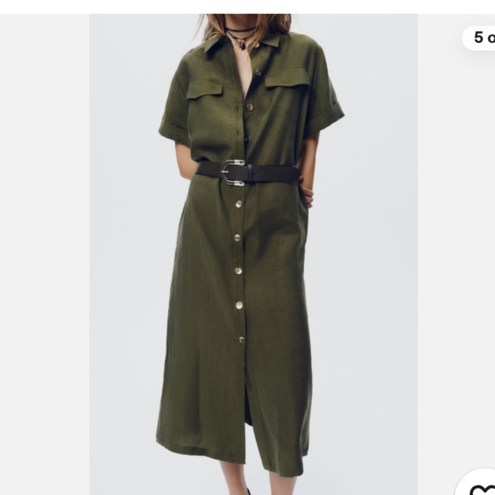 Zara NWT Olive Green Button-Up Shirt Dress with belt size Medium